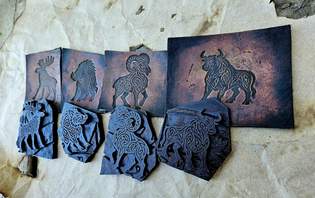 Celtic Summoning Stamp Set โ Moose, Bull, Boar, Ram | Leatherworking, Clay, Wax | Puzzle-Linked Relic Stamps