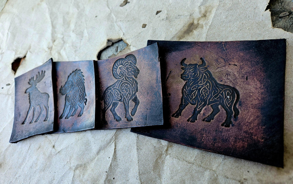 Celtic Summoning Stamp Set – Moose, Bull, Boar, Ram | Leatherworking, Clay, Wax | Puzzle-Linked Relic Stamps
