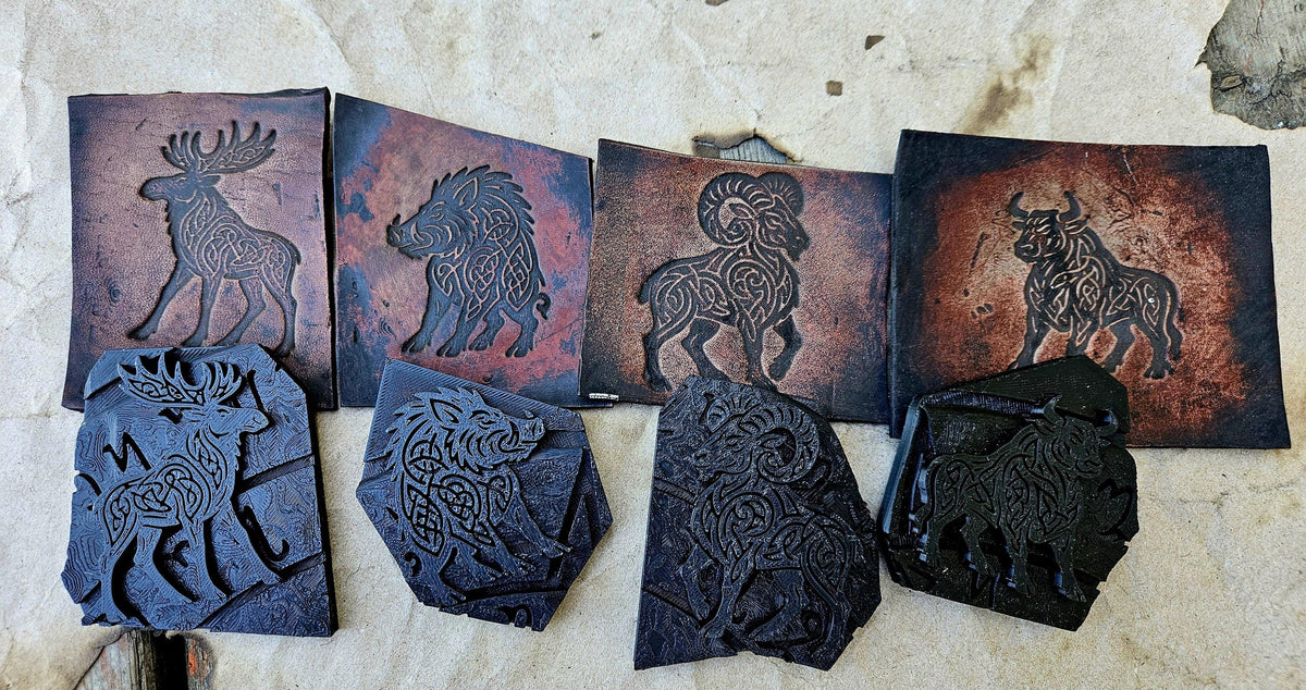 Celtic Summoning Stamp Set โ Moose, Bull, Boar, Ram | Leatherworking, Clay, Wax | Puzzle-Linked Relic Stamps
