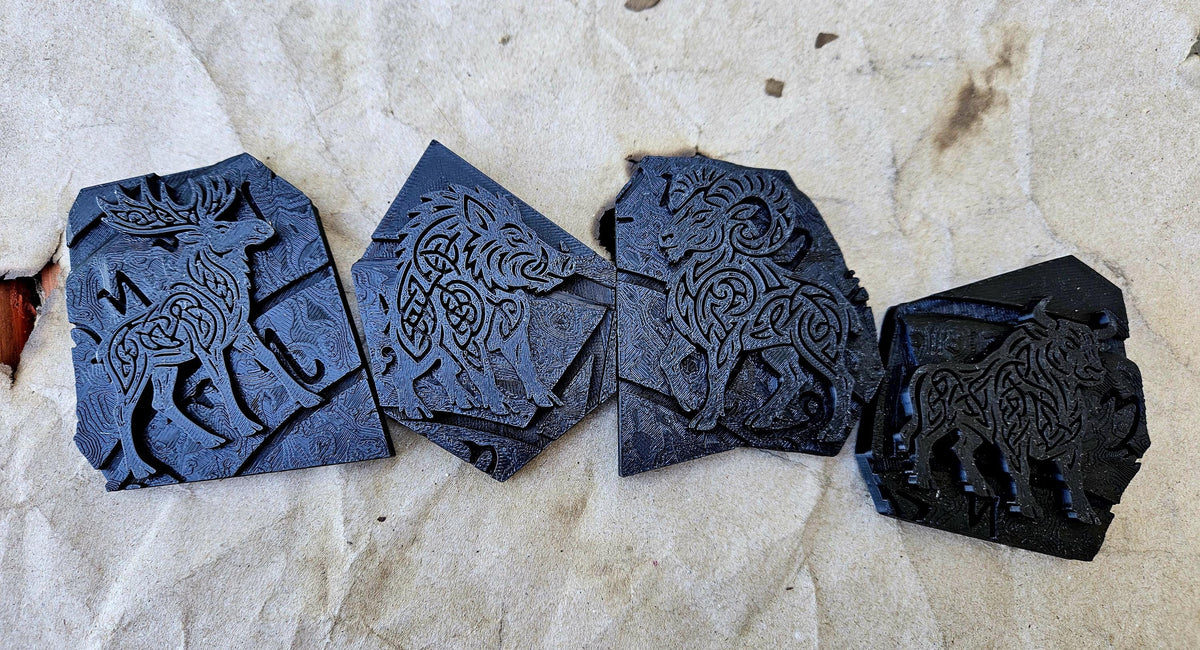 Celtic Summoning Stamp Set โ Moose, Bull, Boar, Ram | Leatherworking, Clay, Wax | Puzzle-Linked Relic Stamps