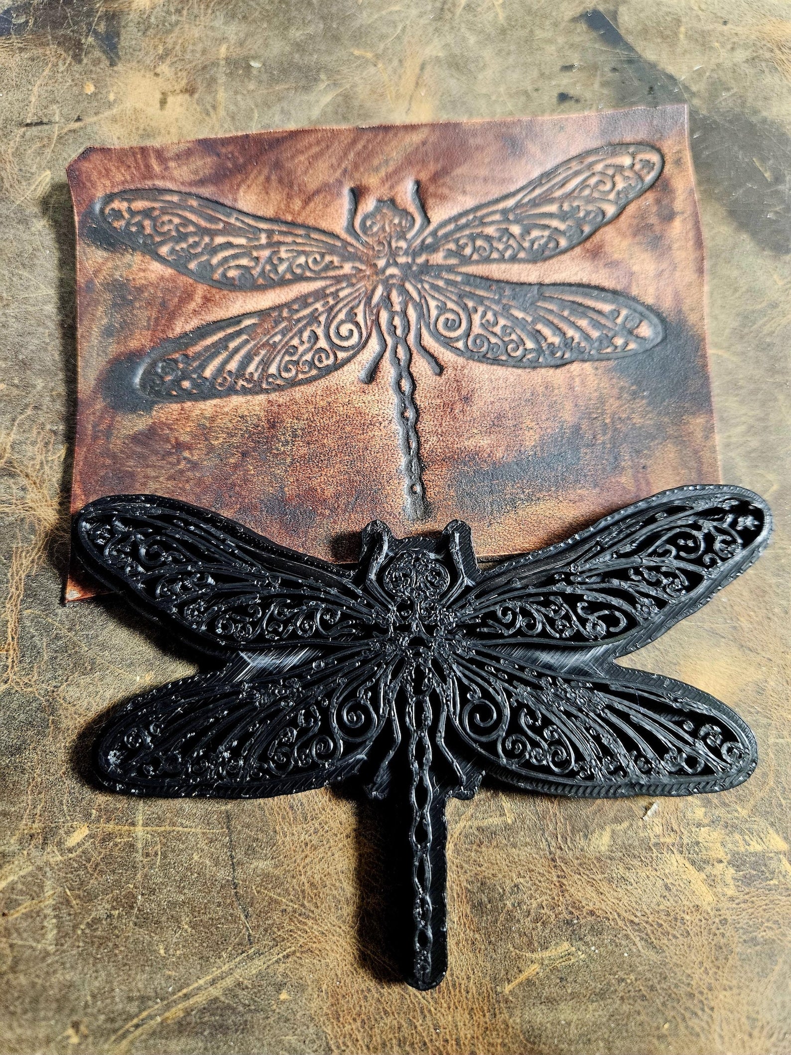 Ornamental Dragonfly Leather Stamp – Large Plate Tool - Filigree Nature Maker Tool - decorative leather stamping