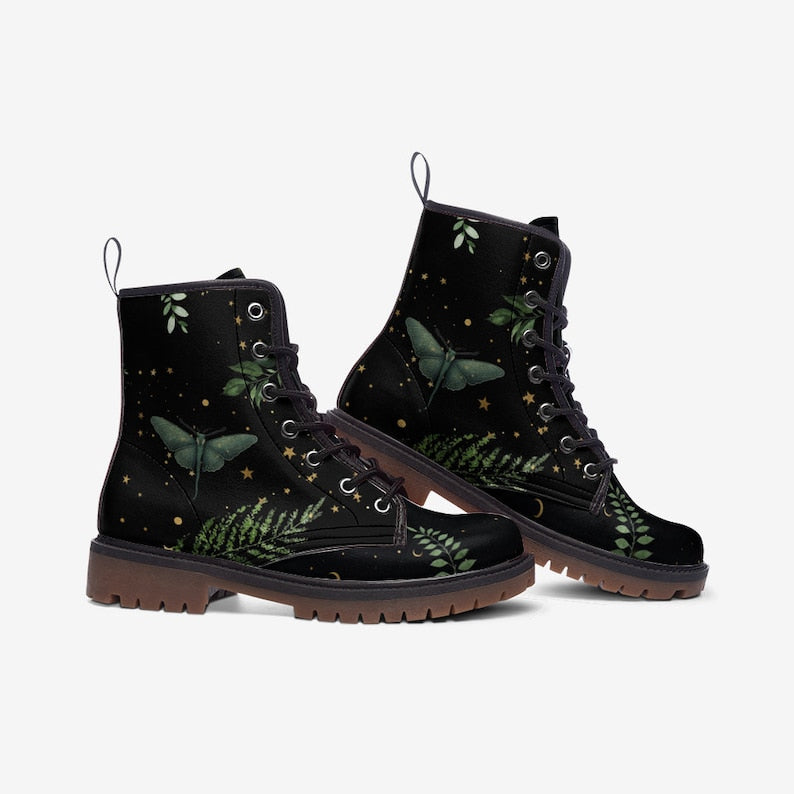 Forest Witch Vegan Leather Combat Boots, Moon & Stars Design