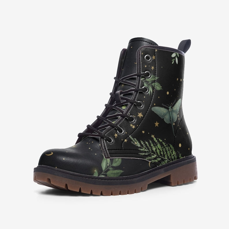Forest Witch Vegan Leather Combat Boots, Moon & Stars Design
