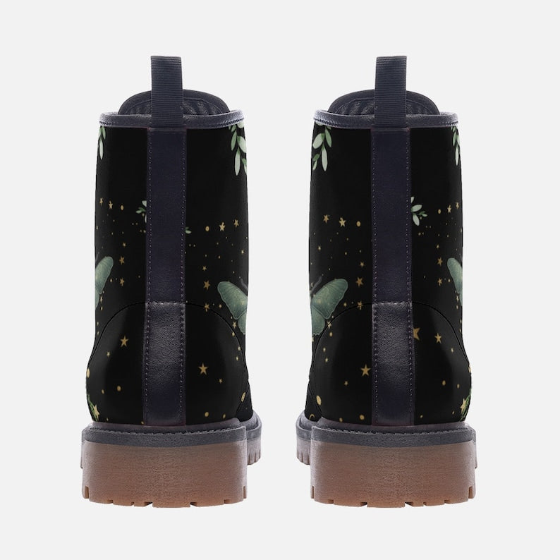 Forest Witch Vegan Leather Combat Boots, Moon & Stars Design