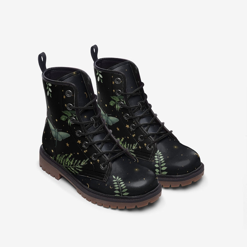 Forest Witch Vegan Leather Combat Boots, Moon & Stars Design