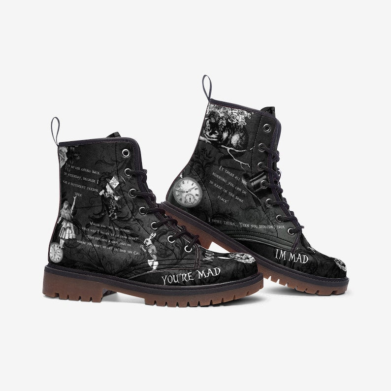 Alice in Wonderland Boots, Mad Hatter Theme, Vegan Leather
