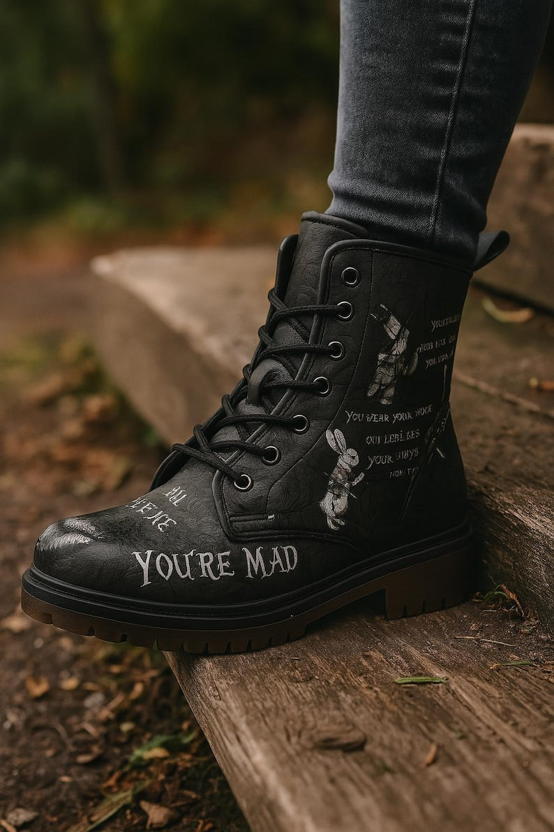 Alice in Wonderland Boots, Mad Hatter Theme, Vegan Leather