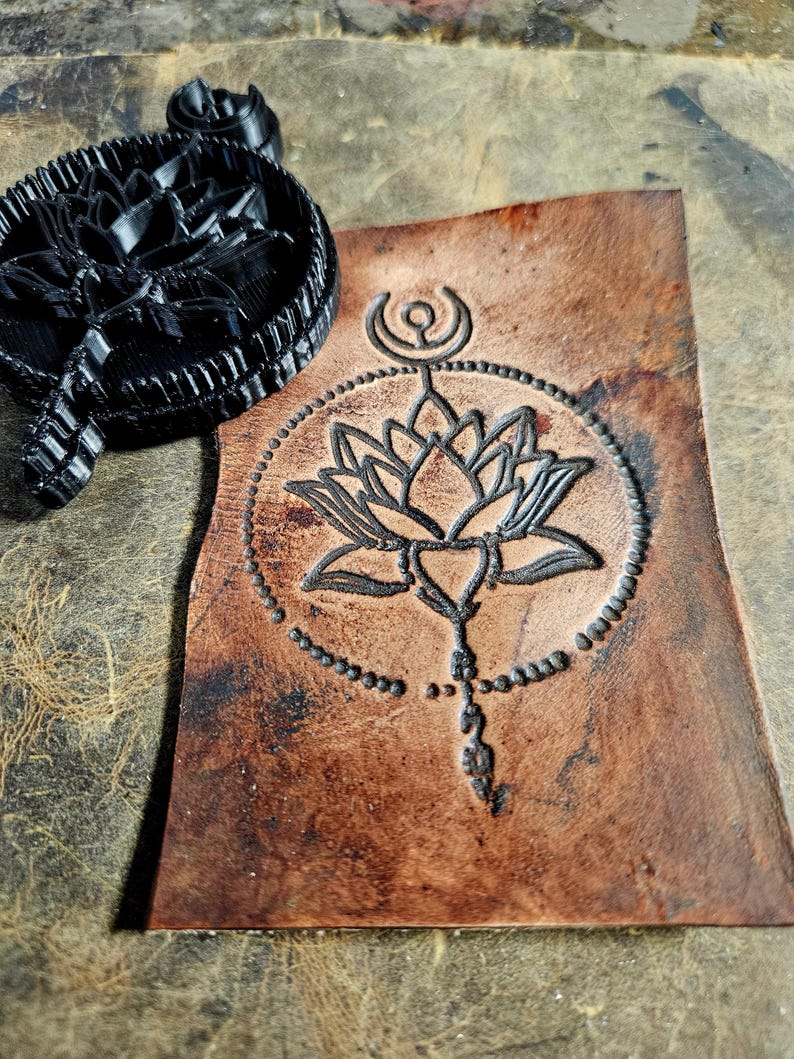 Triple Goddess Moon & Lotus Leather Stamp – Mystical Alchemy Celestial Embosser – Sacred Geometry Hecate Knot Punch – Professional Tool