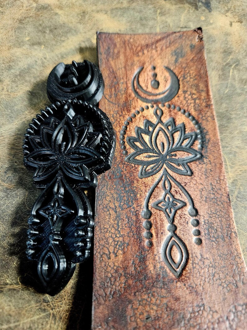 Crescent Moon & Lotus Leather Stamp – Mystical Alchemy Embossing Tool – Celestial Sacred Geometry Punch – Maker Tool for Leatherworking
