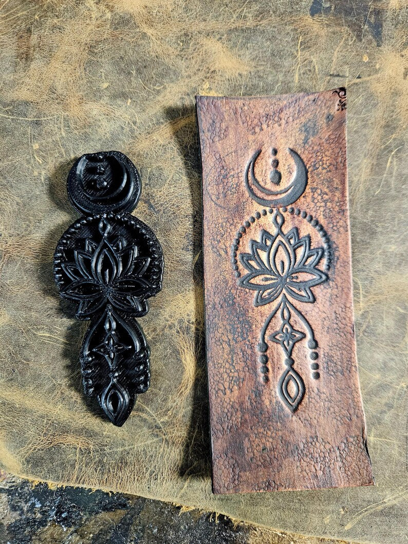Crescent Moon & Lotus Leather Stamp – Mystical Alchemy Embossing Tool – Celestial Sacred Geometry Punch – Maker Tool for Leatherworking