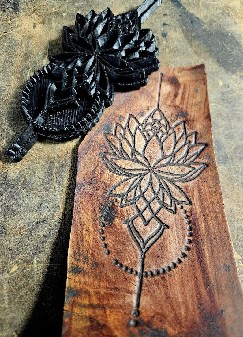 Triple Goddess Moon & Lotus Leather Stamp – Mystical Alchemy Celestial Embosser – Sacred Geometry Hecate Knot Punch – Professional Tool