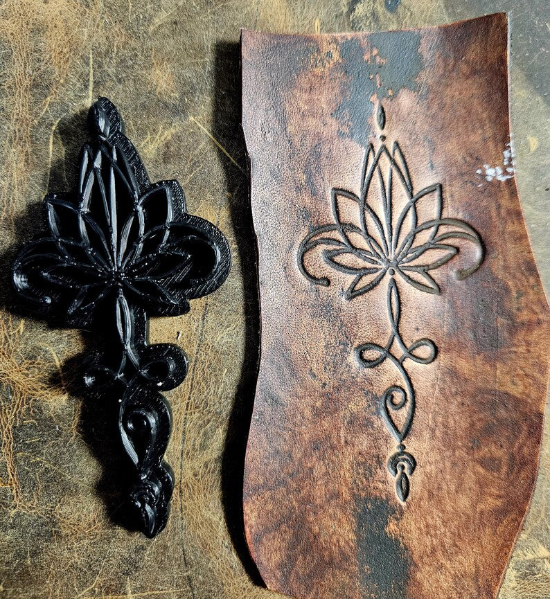 Vertical Celestial Moon & Lotus Leather Stamp – Mystical Alchemy Sacred Geometry Embosser – Professional Boho Leathercraft Tool