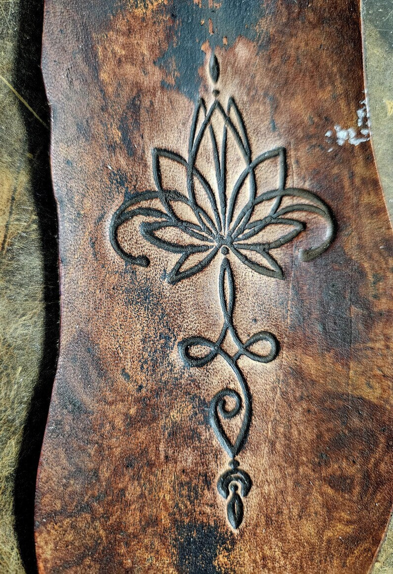 Vertical Celestial Moon & Lotus Leather Stamp – Mystical Alchemy Sacred Geometry Embosser – Professional Boho Leathercraft Tool