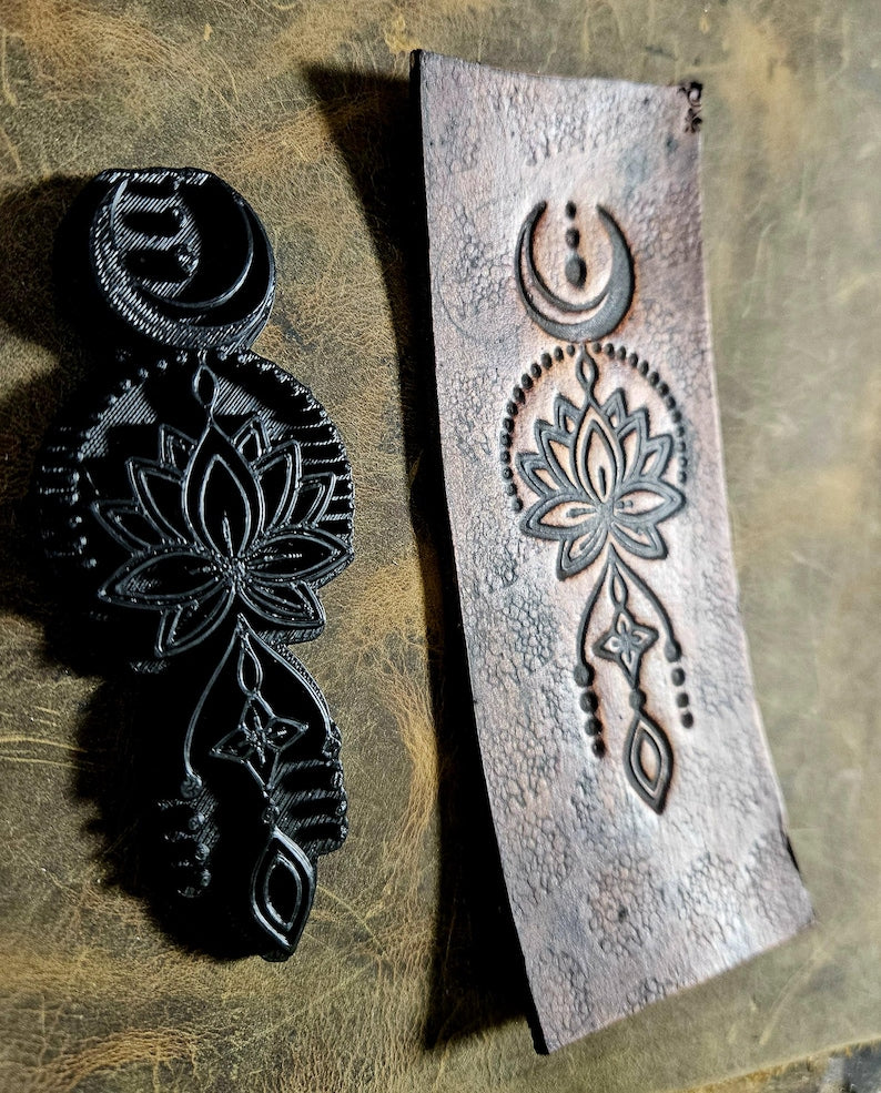 Crescent Moon & Lotus Leather Stamp – Mystical Alchemy Embossing Tool – Celestial Sacred Geometry Punch – Maker Tool for Leatherworking