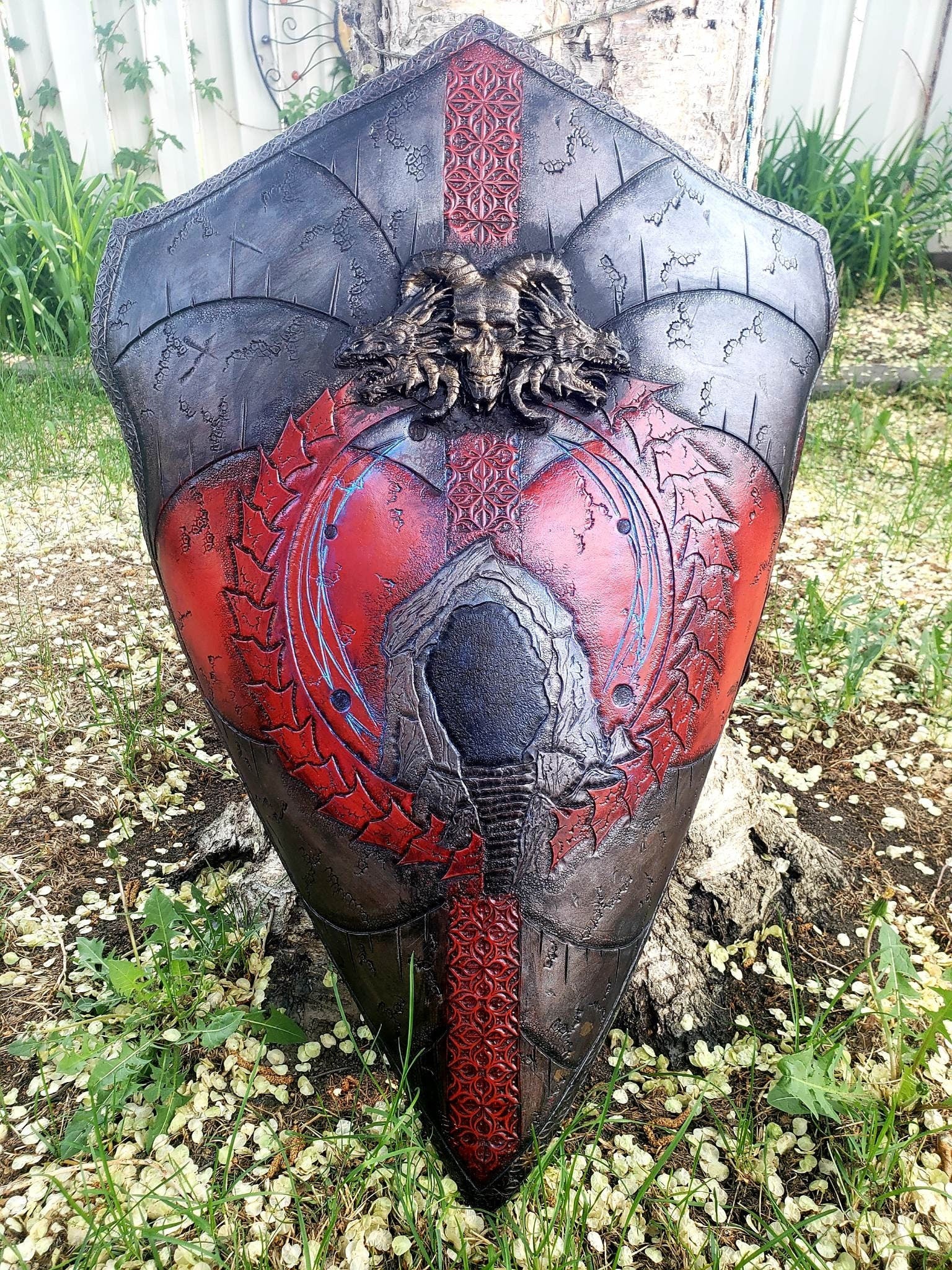 Hand-Tooled Leather Dragon Shield, Sculpted Skull Motif