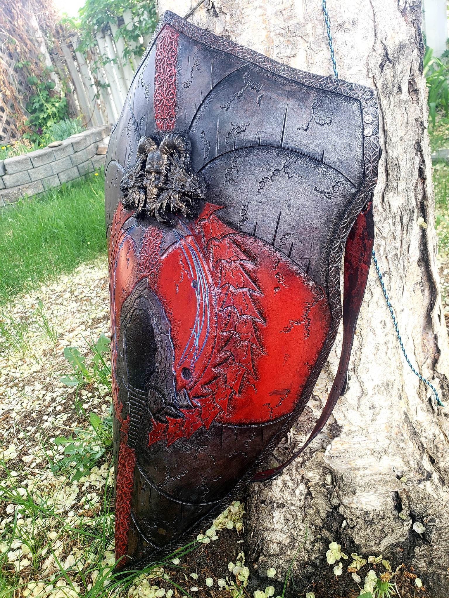 Hand-Tooled Leather Dragon Shield, Sculpted Skull Motif
