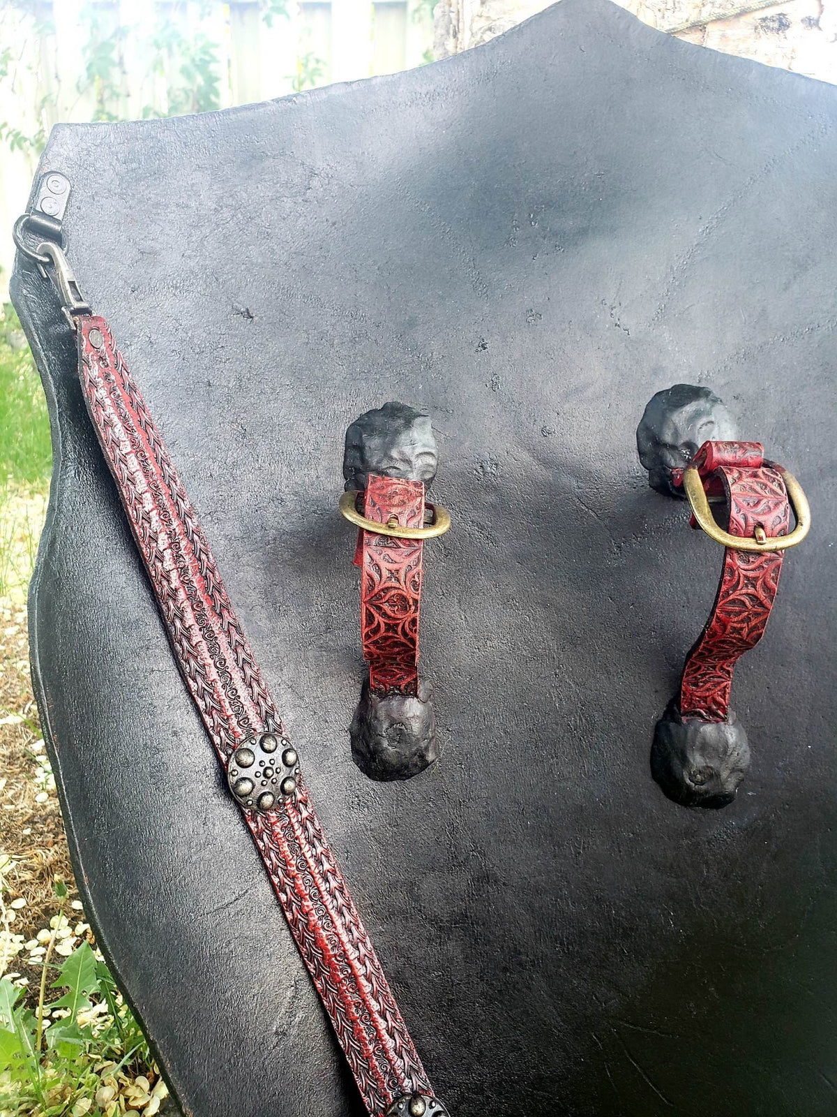 Hand-Tooled Leather Dragon Shield, Sculpted Skull Motif