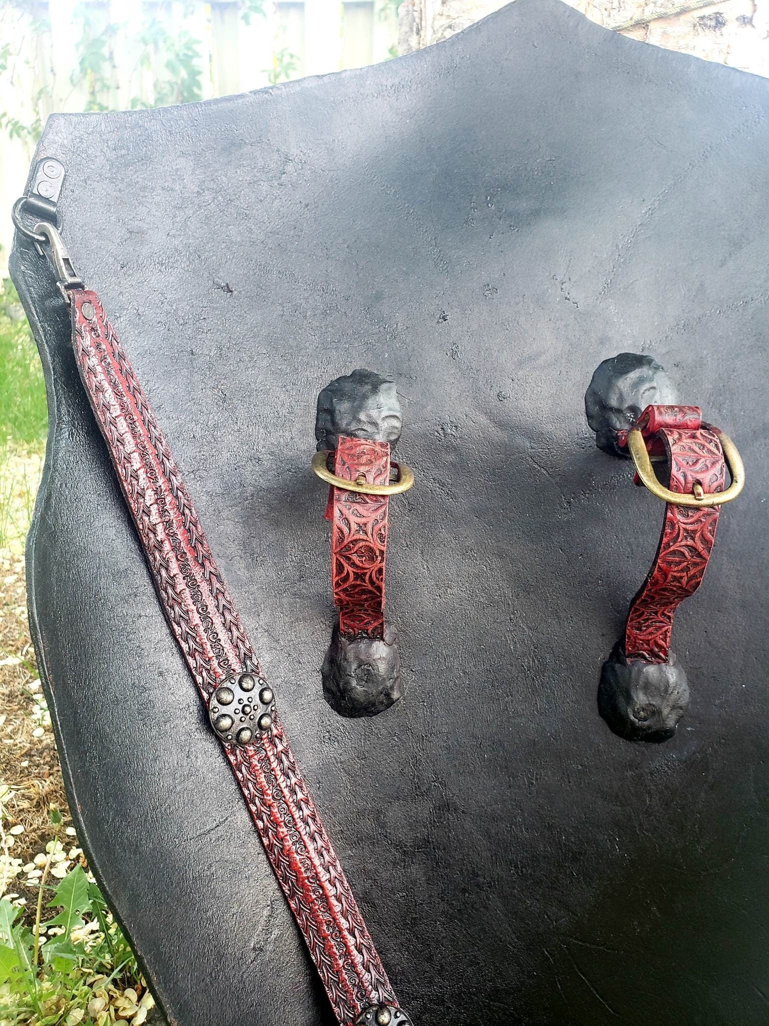 Hand-Tooled Leather Dragon Shield, Sculpted Skull Motif