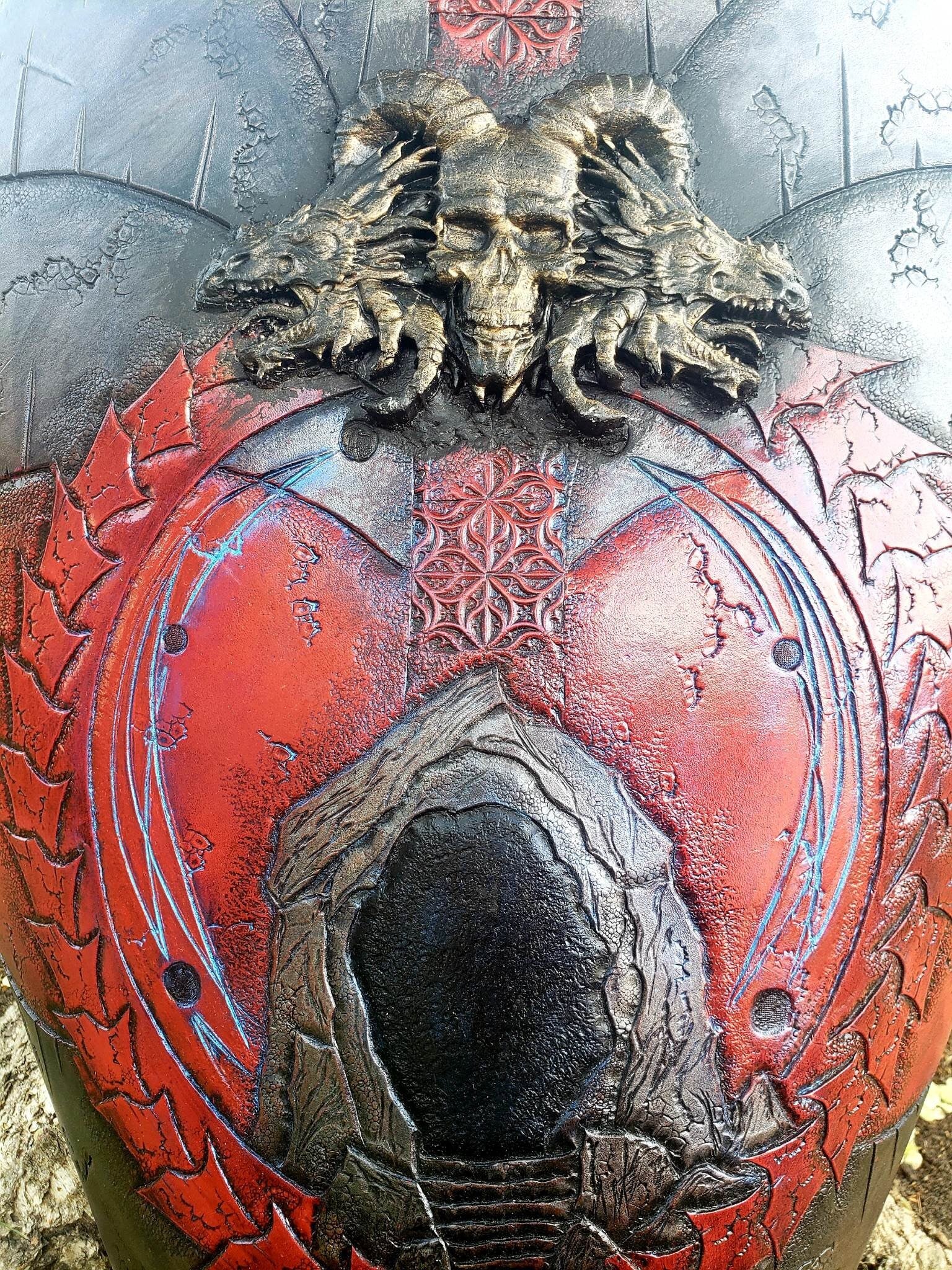 Hand-Tooled Leather Dragon Shield, Sculpted Skull Motif