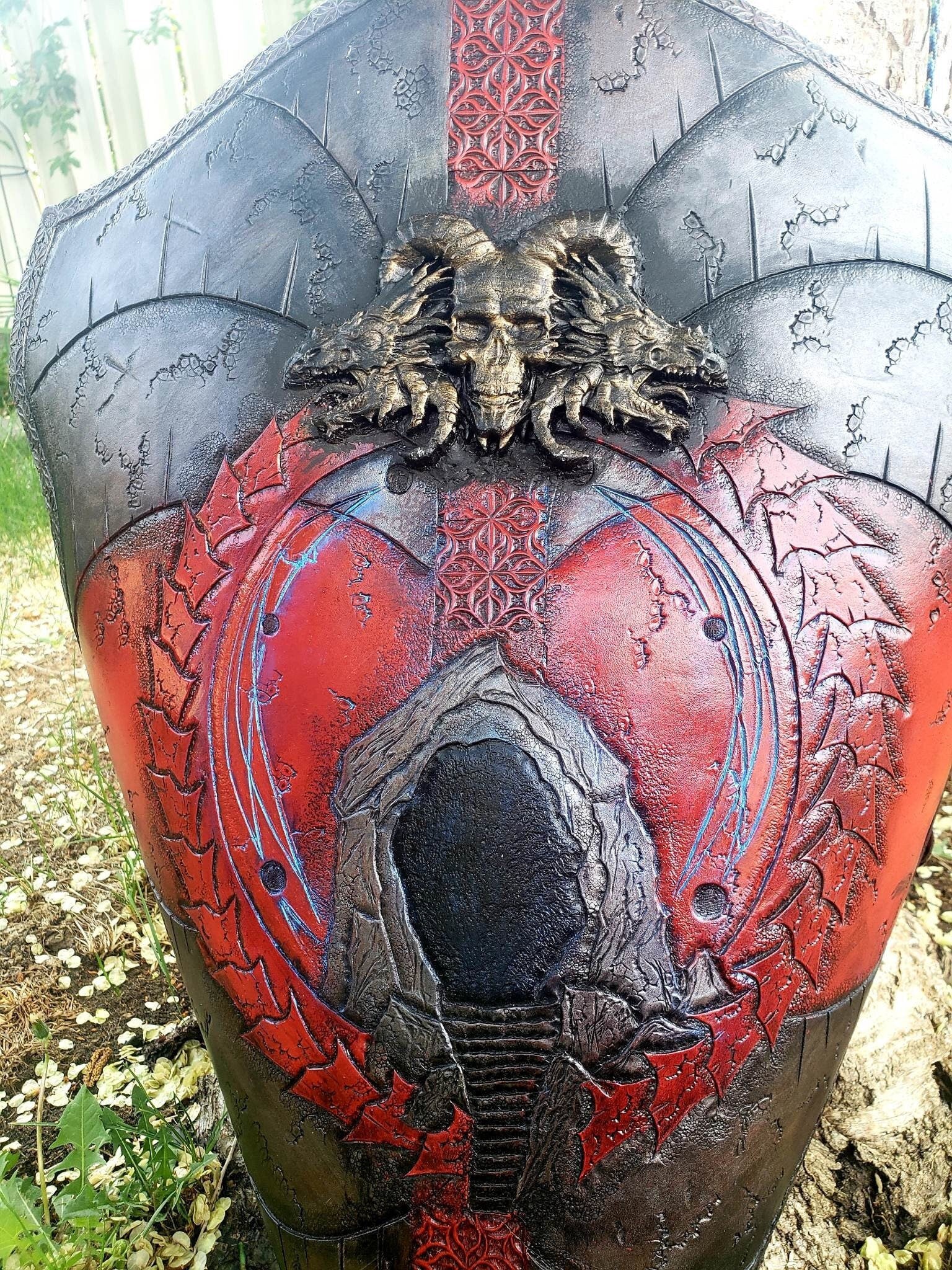 Hand-Tooled Leather Dragon Shield, Sculpted Skull Motif