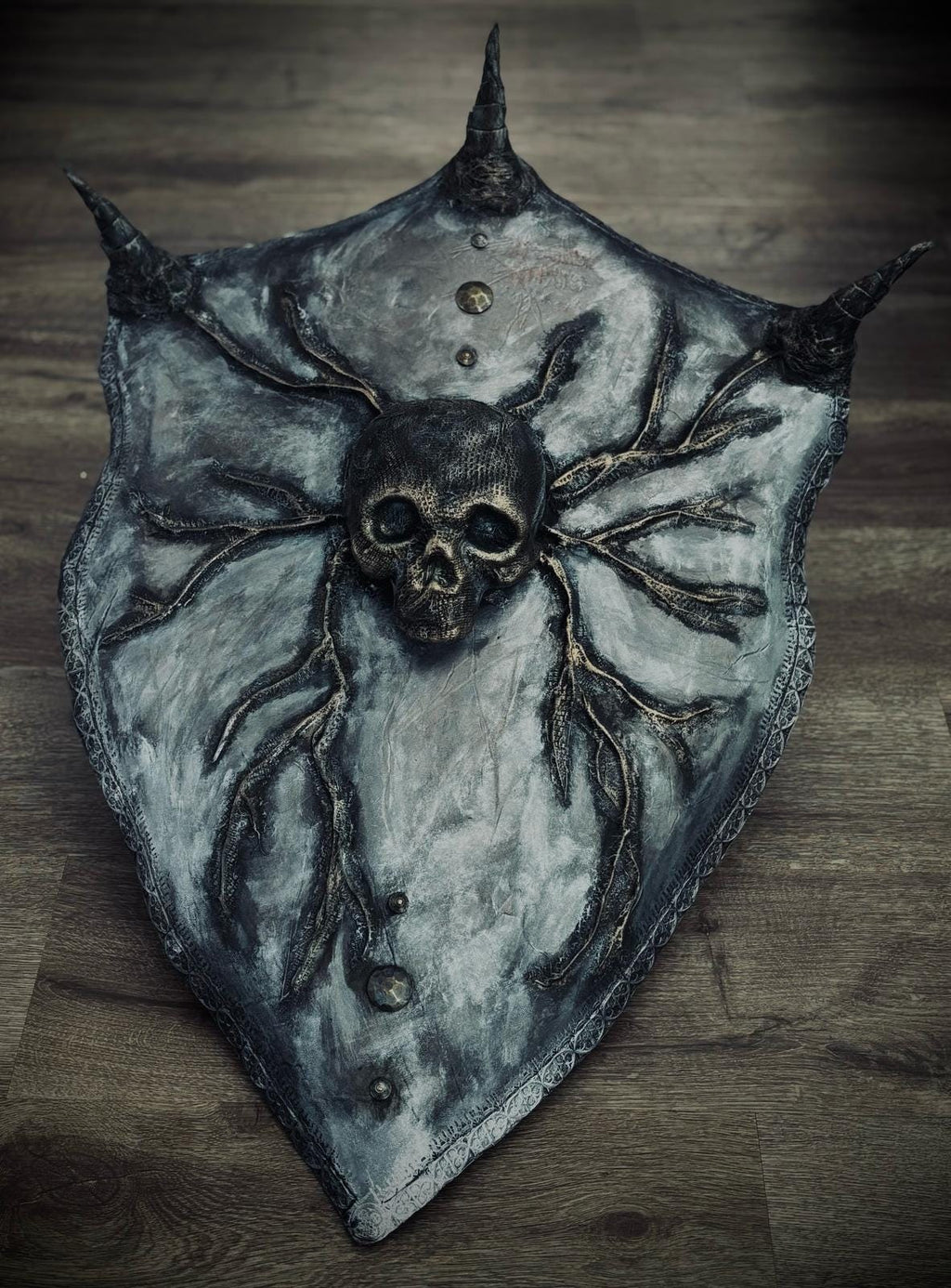Hand-Tooled Leather Shield | Dark Fantasy Skull Decor