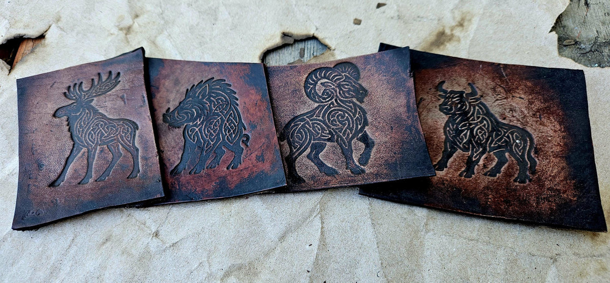 Celtic Summoning Stamp Set – Moose, Bull, Boar, Ram | Leatherworking, Clay, Wax | Puzzle-Linked Relic Stamps