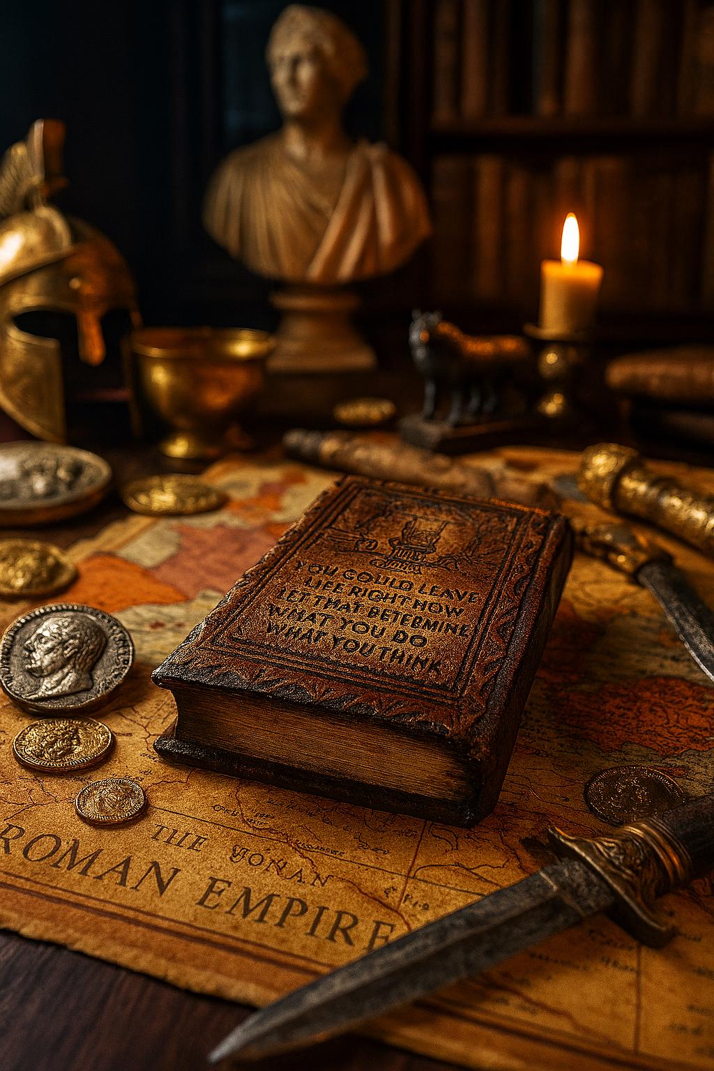 Leather-Bound Meditations Book – Marcus Aurelius, Stoic Memento Mori