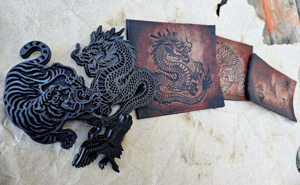 Tiger, Crane & Dragon Stamp Set – Echoes of the East Collection | Japanese Leather Stamp, Clay Stamp, Pottery Tool