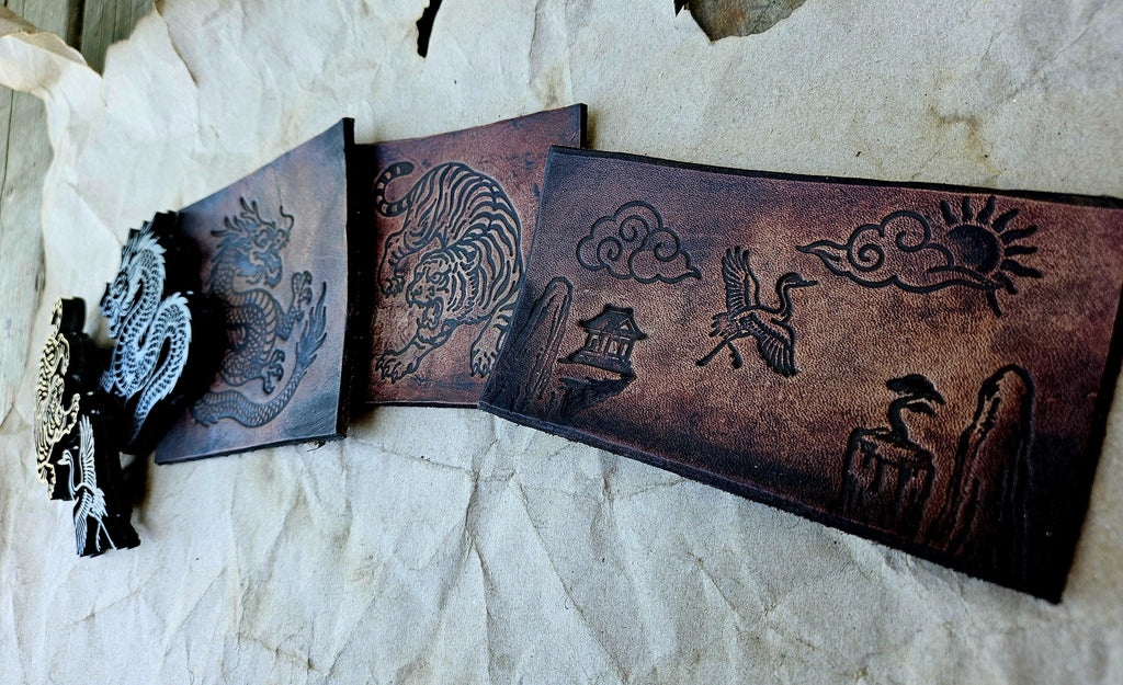 Tiger, Crane & Dragon Stamp Set – Echoes of the East Collection | Japanese Leather Stamp, Clay Stamp, Pottery Tool