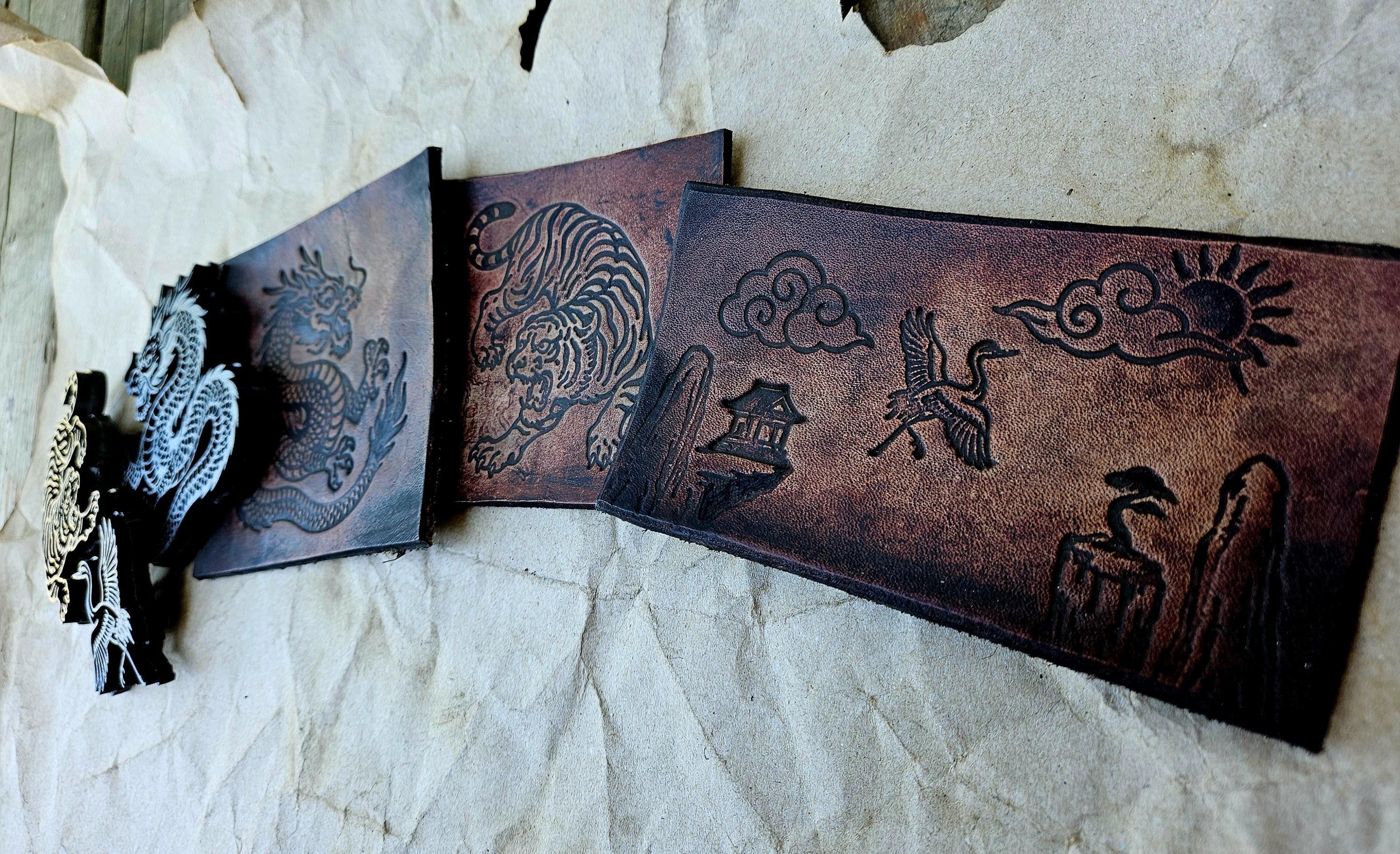 Tiger, Crane & Dragon Stamp Set – Echoes of the East Collection | Japanese Leather Stamp, Clay Stamp, Pottery Tool
