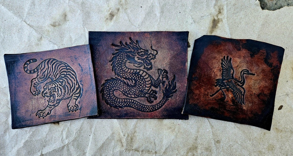 Tiger, Crane & Dragon Stamp Set – Echoes of the East Collection | Japanese Leather Stamp, Clay Stamp, Pottery Tool