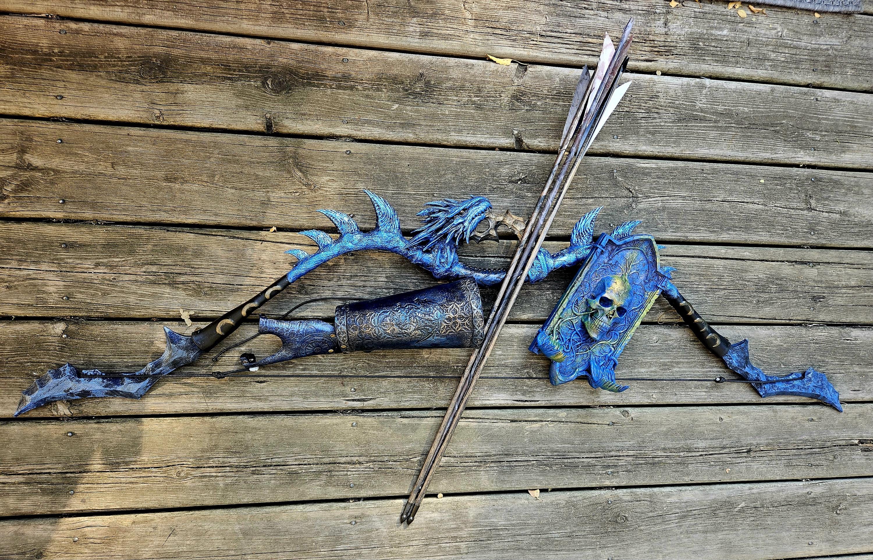 Leviathan’s Breath Recurve Bow – Handcrafted Fantasy Dragon Spine Bow | Mythic Blue Dragon Archery Relic | Functional Collectible Longbow