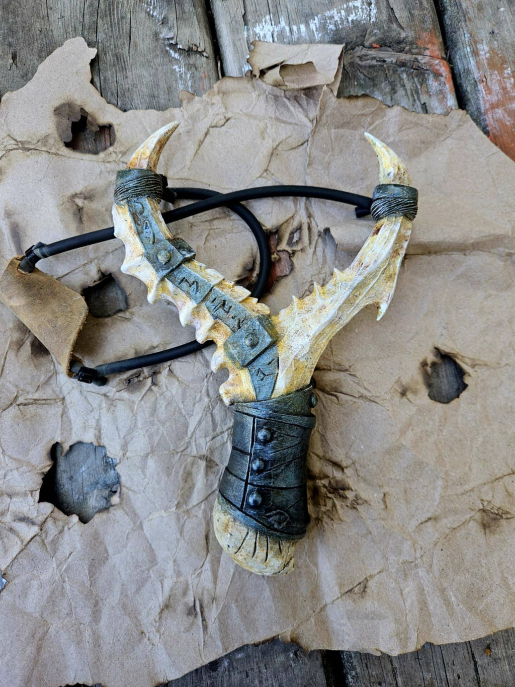 Orc Bone Slingshot | Fantasy Medieval Sling Shot | Hand Painted Collectible Prop | Orc Weapon Replica | LARP, Cosplay, Display