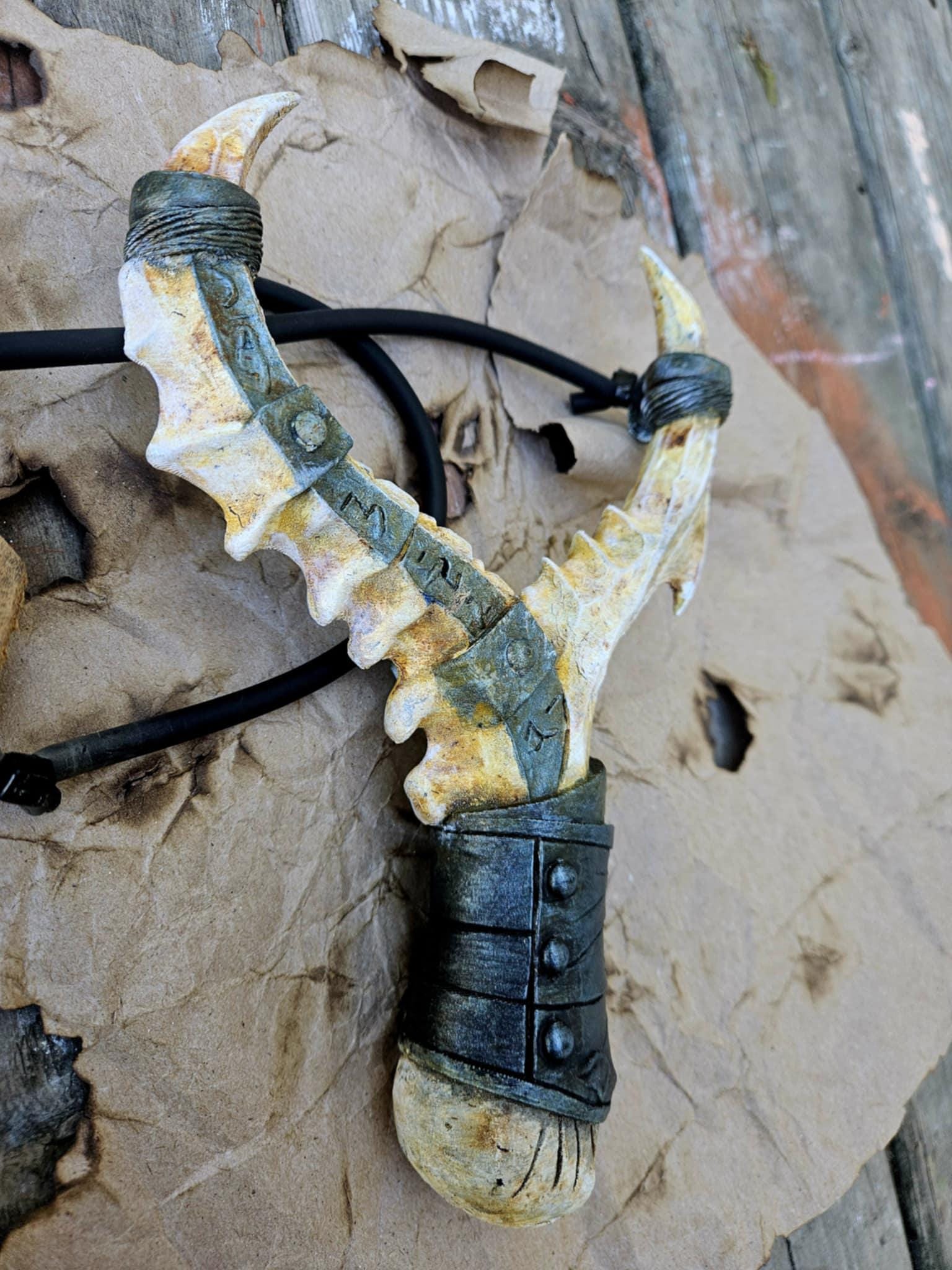 Orc Bone Slingshot | Fantasy Medieval Sling Shot | Hand Painted Collectible Prop | Orc Weapon Replica | LARP, Cosplay, Display