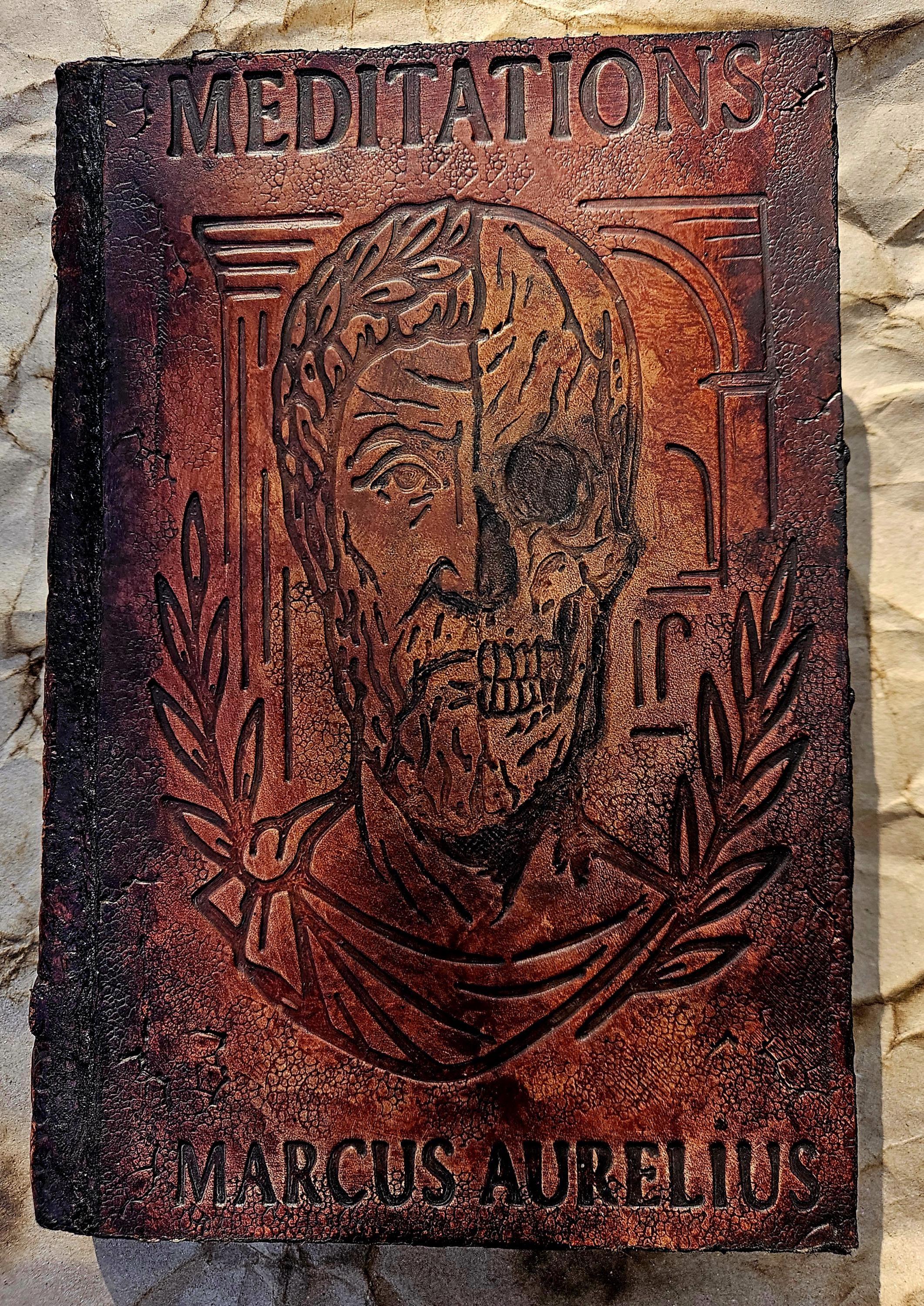 Leather-Bound Meditations Book – Marcus Aurelius, Stoic Memento Mori