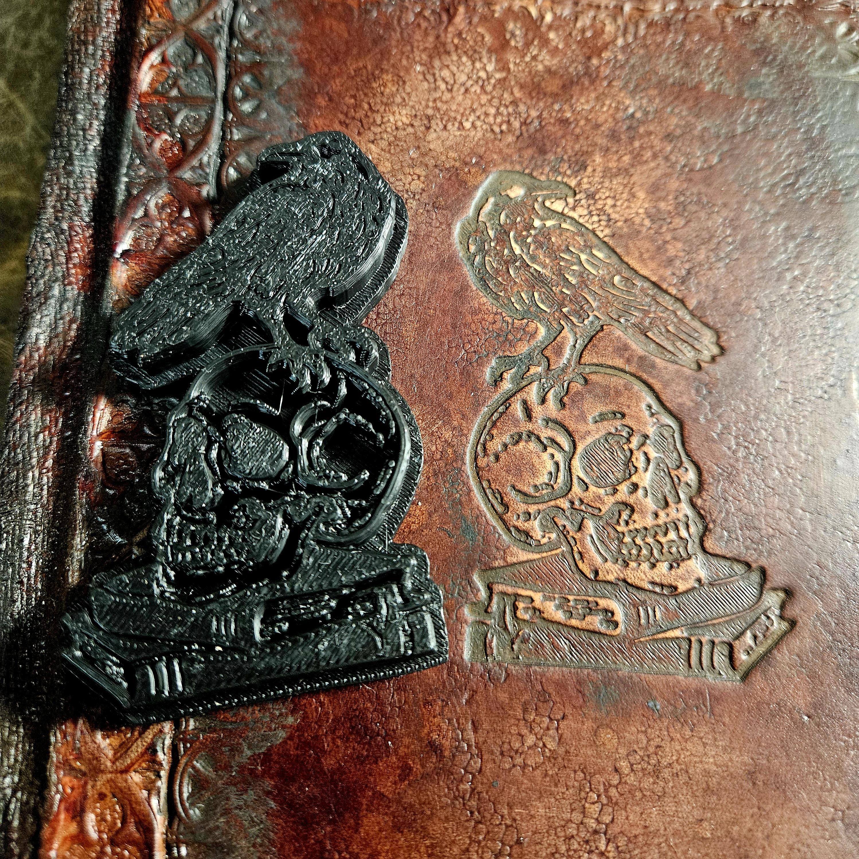 Raven and Skull Leather Stamp | Ancient Memory Symbol | Dark Fantasy Leatherworking Stamp | Bookbinding Journal and Prop Tool