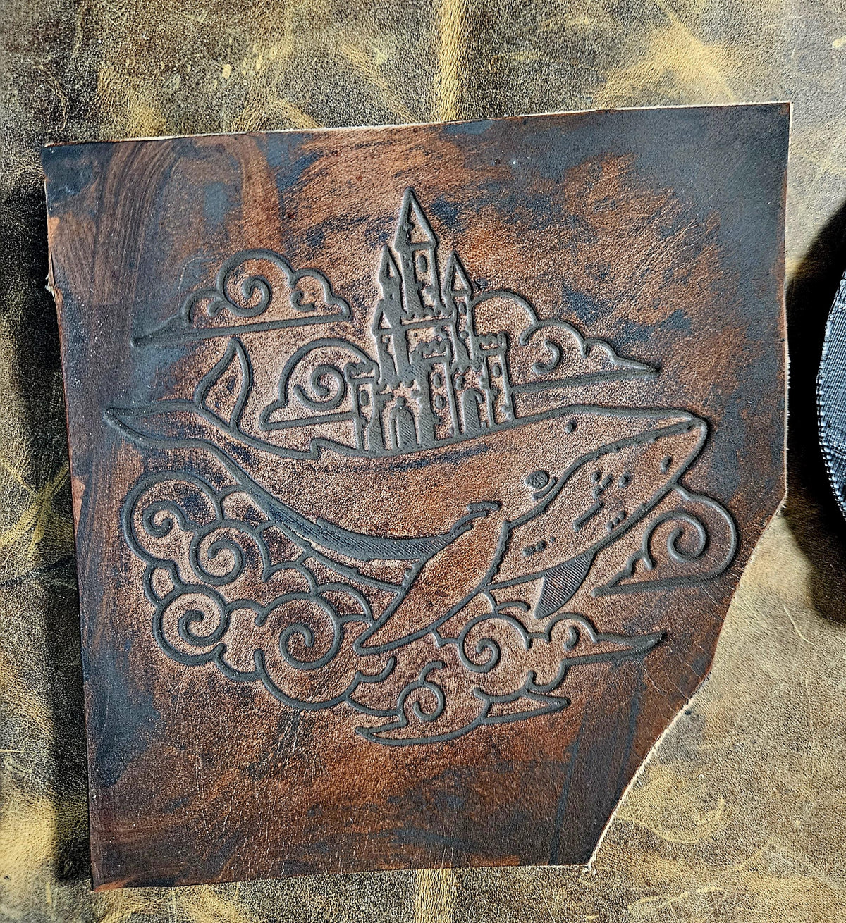 Whale and Castle Leather Stamp | Ancient Endurance Symbol | Fantasy| Medieval Leatherworking Stamp | Bookbinding, Journal & Prop Tool