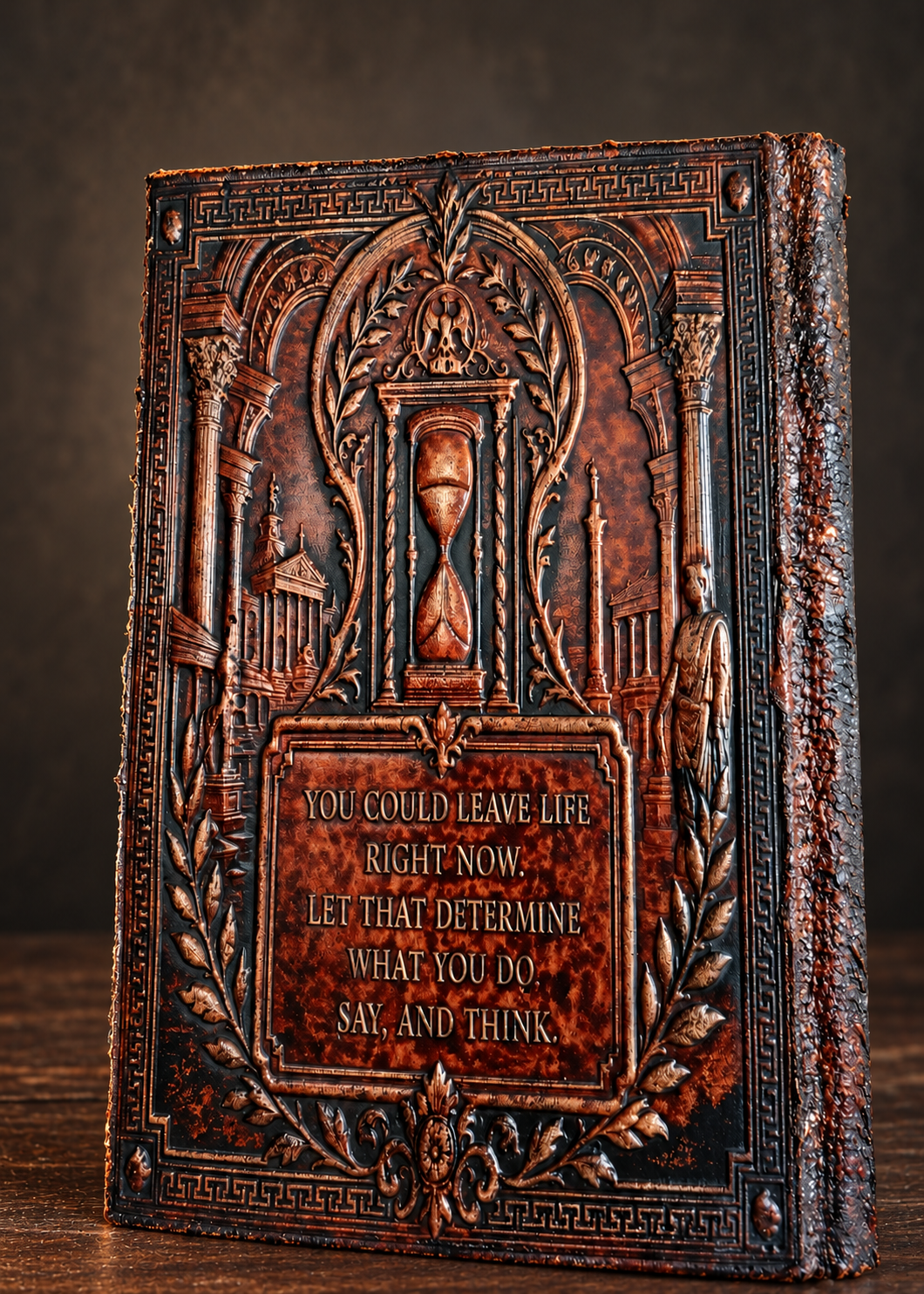 Meditations sculpted edition — rear hourglass and quotation