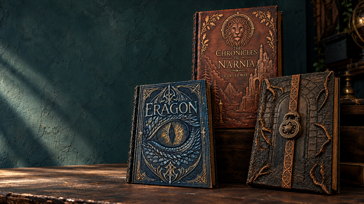 Eragon, The Chronicles of Narnia and Grimm leather bindings