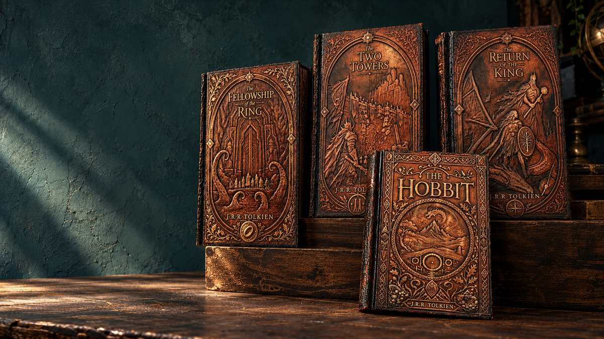 Tolkien trilogy and The Hobbit leather bindings