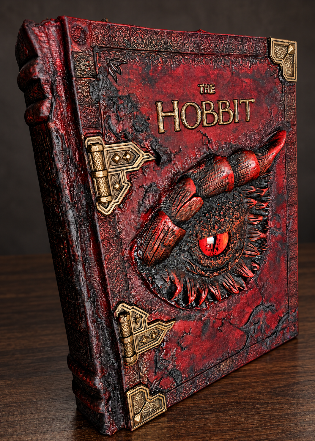 The Hobbit red sculpted dragon-eye leather binding