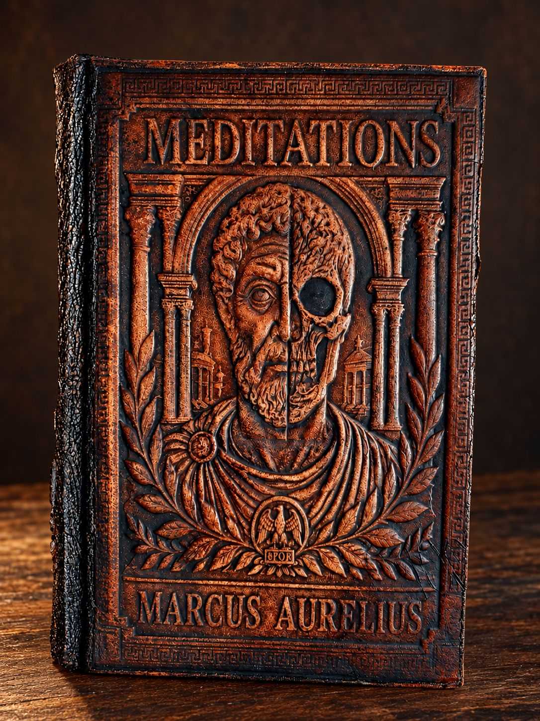 Meditations half portrait and skull leather binding