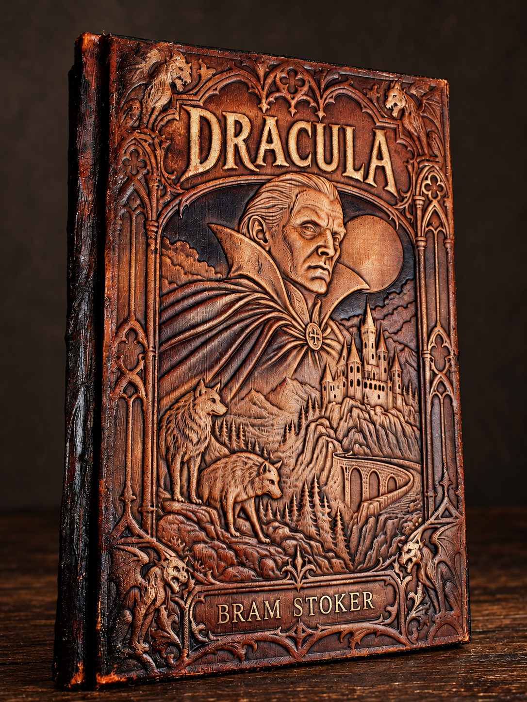 Dracula brown sculpted leather binding