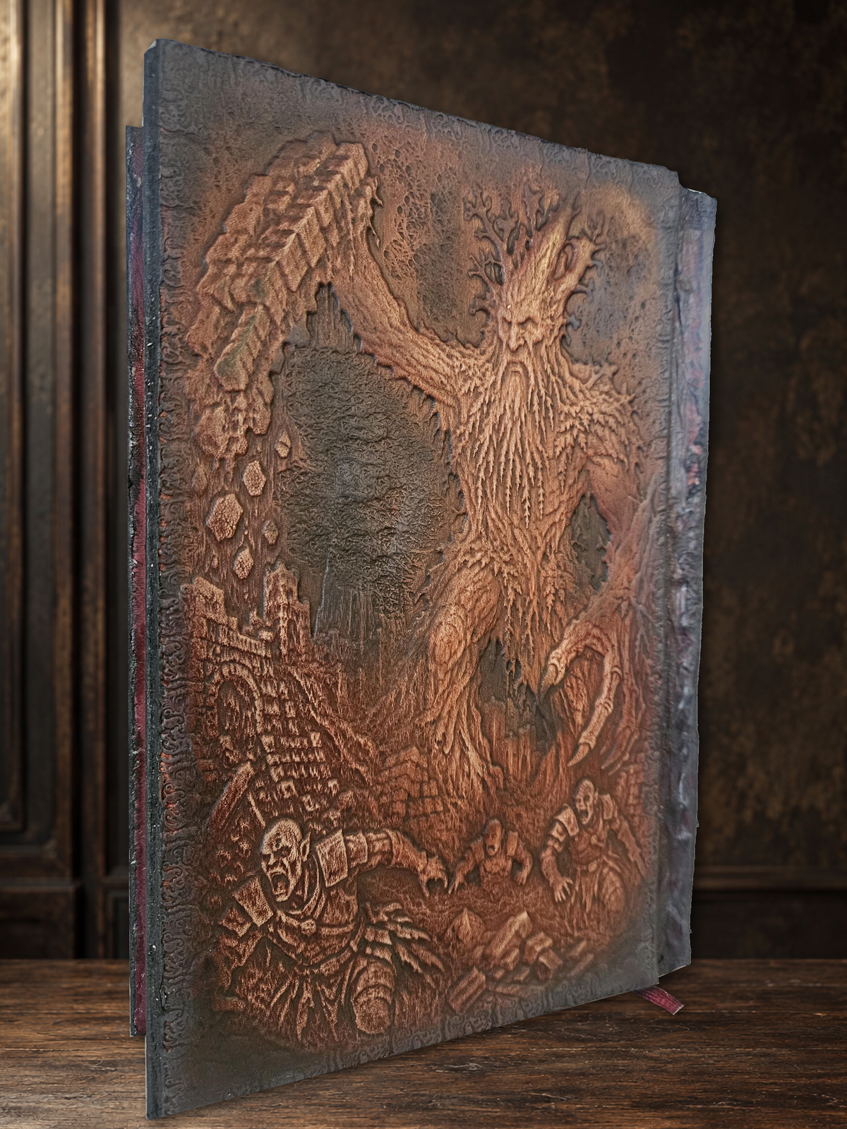 Original Tolkien leather binding photograph with matching walnut setting; original artwork preserved