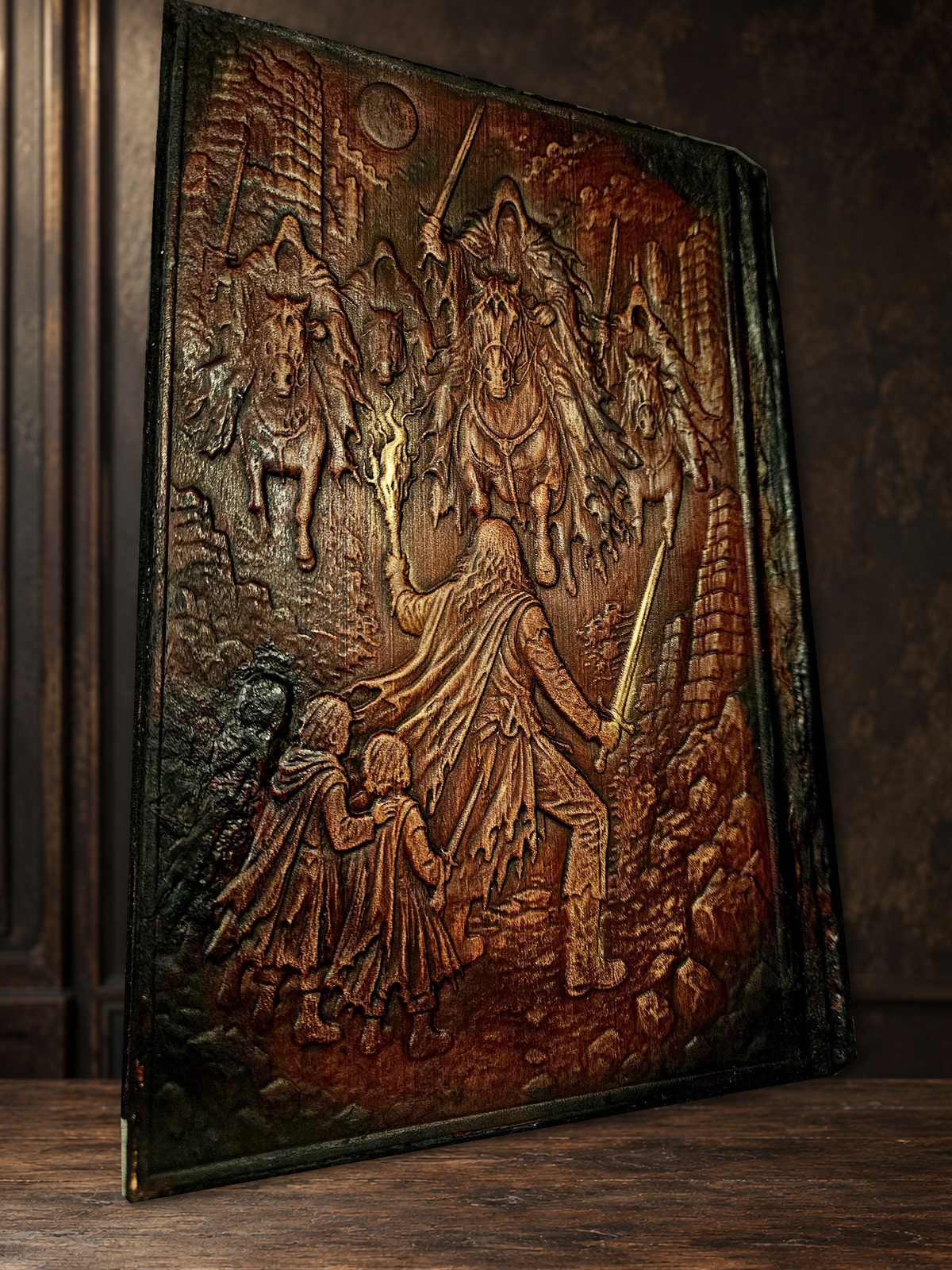 Original Tolkien leather binding photograph with matching walnut setting; original artwork preserved