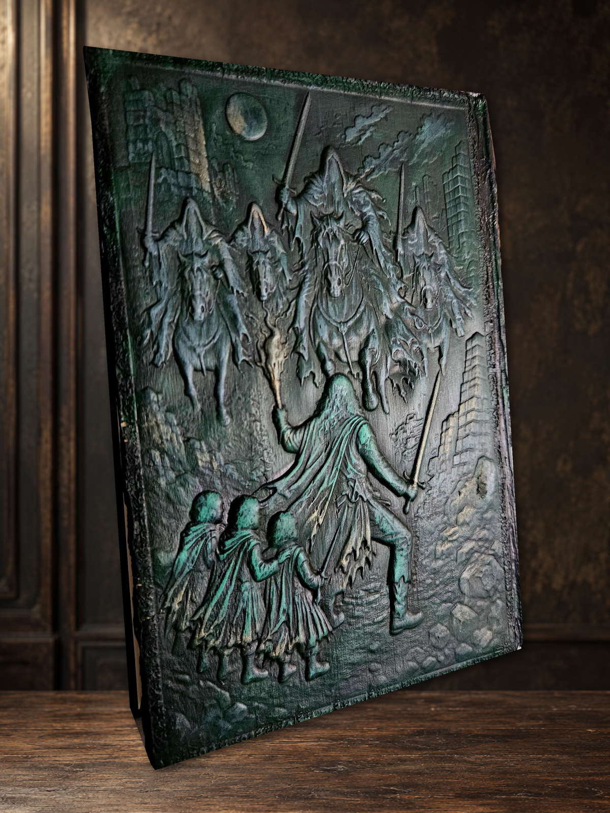 Original Tolkien leather binding photograph with matching walnut setting; original artwork preserved