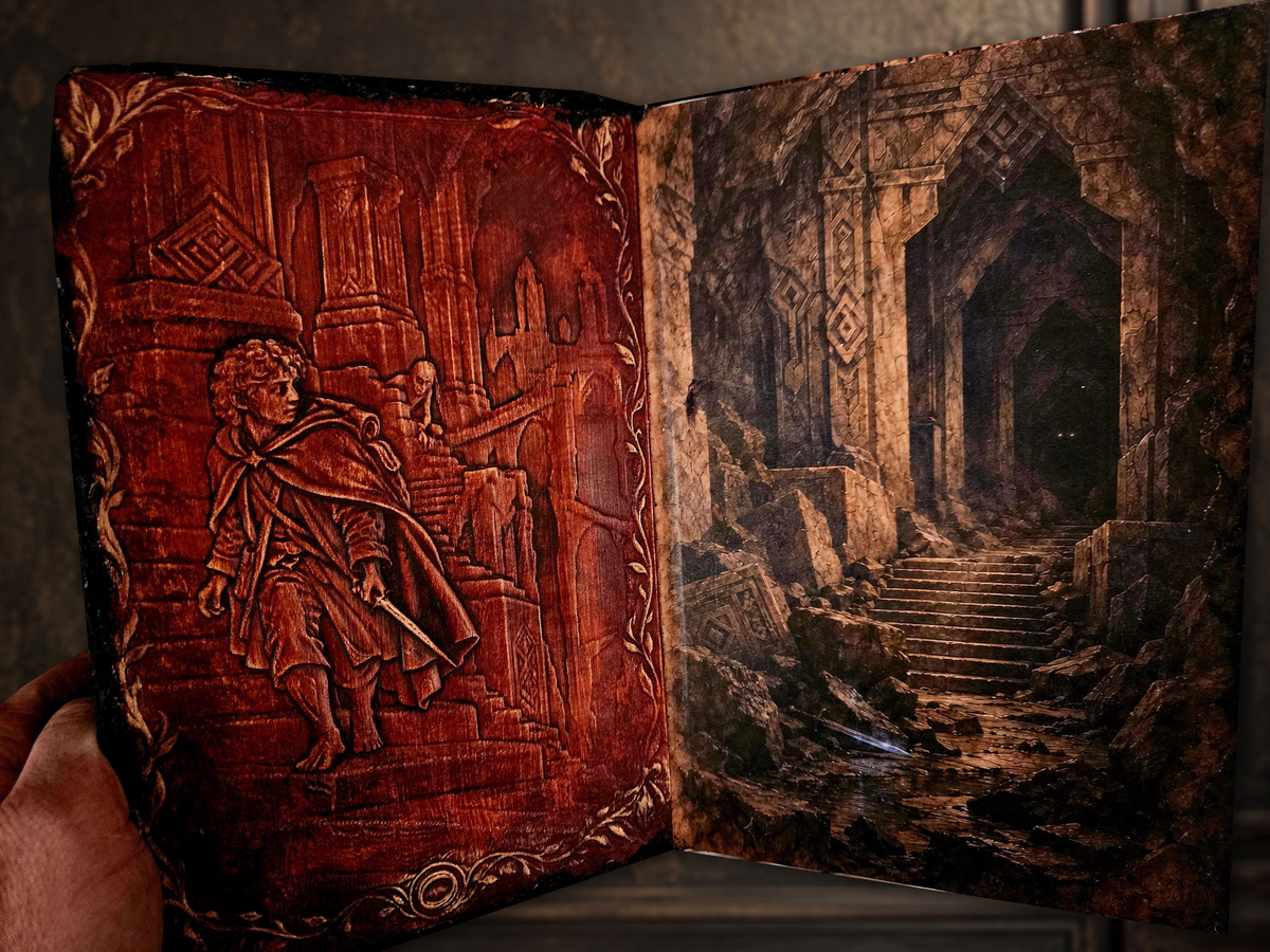 Original Tolkien leather binding photograph with matching walnut setting; original artwork preserved