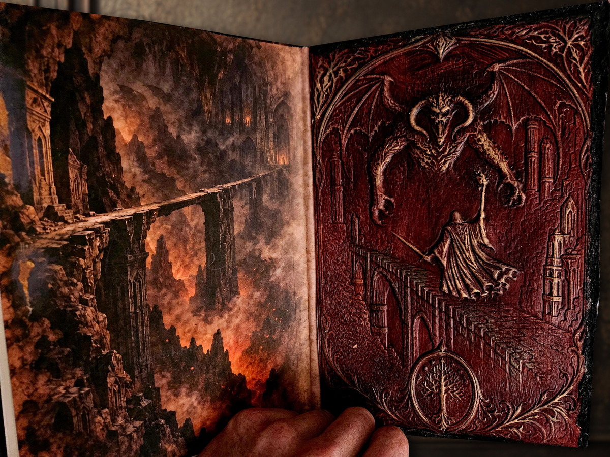 Original Balrog interior binding photograph with matching walnut setting; photographed artwork and hands preserved